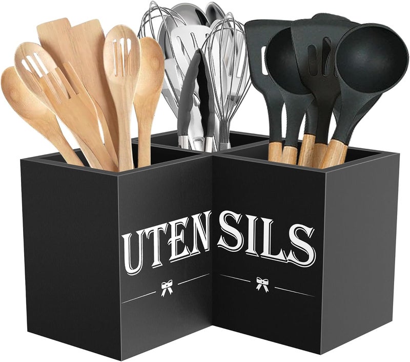 Suli Extra Large Kitchen Utensils Holder with 3 Compartments,Corner Utensil Caddy for Countertop,Wooden Utensil Organizer for Kitchen Countertop, Farmhouse Decor- Black - Image 1